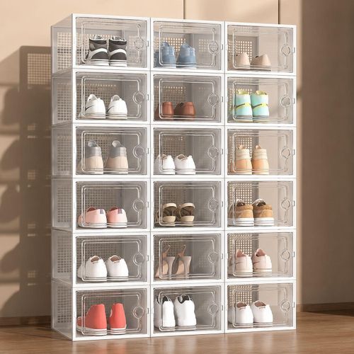 18pcs Stackable Shoe Storage Box For Sneakers Shoes Trainers Shoe Boxes (White Frame)