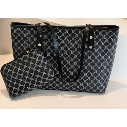 Women’s Black Patterned Tote Bag with Matching Pouch Black