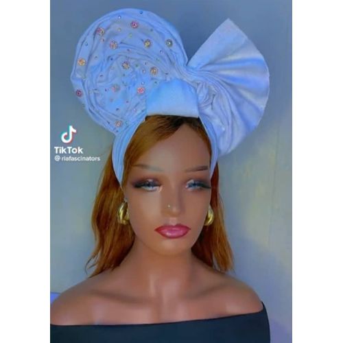 Autogele, Pre Tied Gele White (Ready To Wear Gele) Round - One Inch)