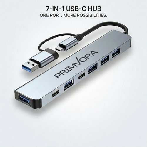 7-In-1 USB-C Hub – USB 3.0 + 4 USB 2.0 + Type-C Data + PD Charging, 4K Display Adapter for Laptop, MacBook & Computer