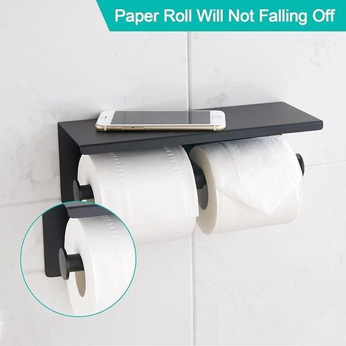 Toilet Paper Holder with Shelf Black Matte Double Head Toilet Tissue Roll Holder 304 Stainless Steel Wall Mount for Bathroom