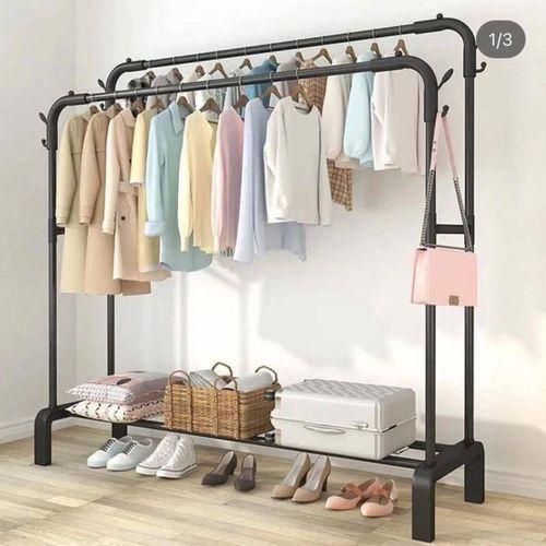 Double Pole Clothes Rack with Bottom Shelf - New Simple Floor Clothes Rack