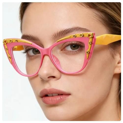 Pink Yellow Oversized Crystal Studded Cat Eye Optical Eyeglasses