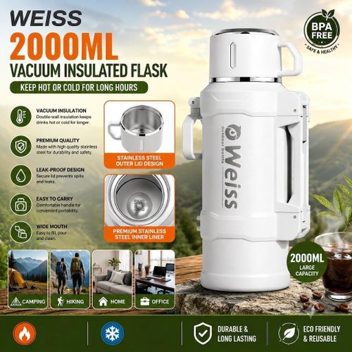 Weiss Vacuum Insulated Stainless Steel Flask 2000ml (2L) – Large Capacity Thermal Water Bottle for Hot & Cold Drinks, Portable Travel Thermos Jug for Office, Home, Camping, Picnic & Outdoor Activities
