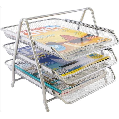 3-Tier Metal Wire Mesh Document & Letter Tray Organizer-Silver