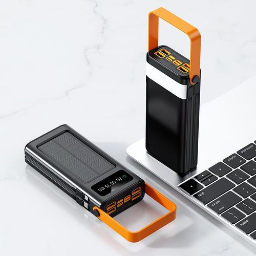 Black Solar Power Bank with LED Light, Multi Ports & Multi Cables, True 20000mAh
