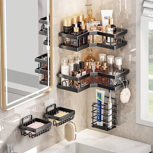 Corner Bathroom Shelf Organizer Set (No-Drill, Wall-Mounted)