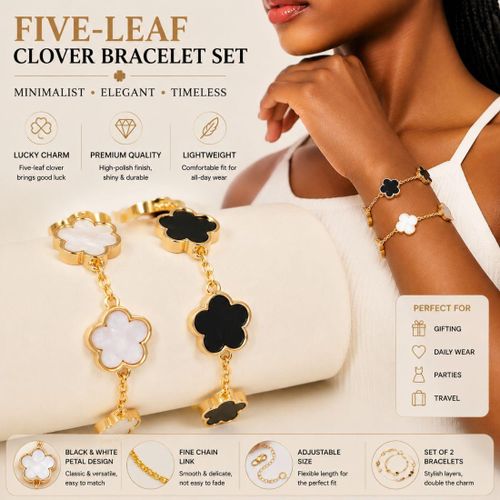 Women's Five-Leaf Clover Bracelet Set, Minimalist Flower Charm Chain Bangle, Black & White Petal Design Fashion Jewelry