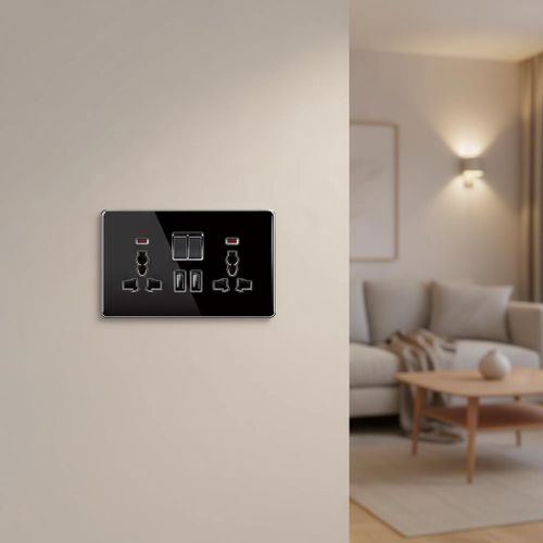 Luxury Tempered Glass Double Universal Wall Socket with Dual USB Charging Ports 13a