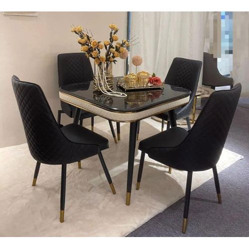 Exclusive Luxury 4-Seater Dining Table Set - Black Marble Top Table + 4 Leather Chairs - 4 Seater Dining Set For Dining Room