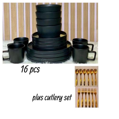 Classy Dinner Set 16 pcs Black & 12 pcs Gold plated stainless steel cutlery set