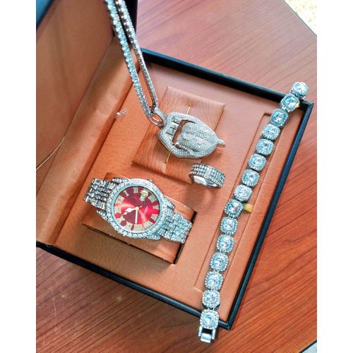 Classic & Exqusite Sophisticated Iced Out Watch + Necklace & Wrist Set For Gentle Men