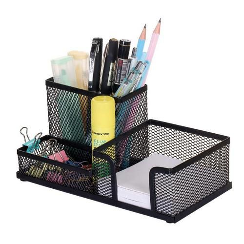 Mesh Desk Organizer with Pen Holder & Sticky Note Compartment – Multipurpose Office Stationery Storage Caddy-Black