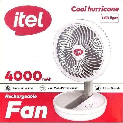 Itel rechargeable fan , adjustable fan ,4000mah , 3 blades Cool hurricane LED lights