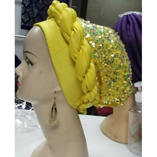 Plain And Sequence Turban Cap Yellow