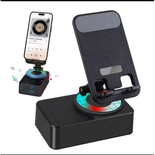 3-in-1 Cell Phone Stand with Wireless Bluetooth Speaker & Power Bank, 360° Rotating Foldable Desktop Phone Tablet Holder, Dynamic RGB Light, Portable Subwoofer Bass Audio System for Office Desk Bedside Nightstand - Black