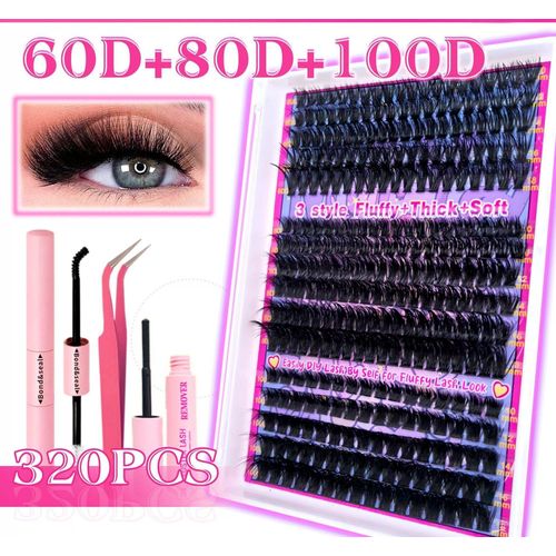Lash Clusters Kit 320 Pcs DIY Individual Cluster Lashes D Curl Lash Extension Kit with Eyelash Bond and Seal, Remover, Tweezers Applicator Tool for False Eyelash Cluster Kit(60D+80D+100D, Mix10-18mm Kit)