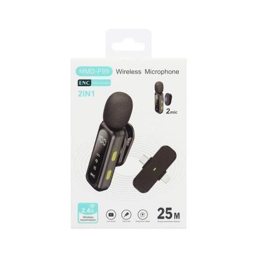 MMD-F95 Professional 2-in-1 Dual Wireless Lavalier Microphone with Digital Display – Noise Cancelling Lapel Mic for TikTok, YouTube, Vlogging (iPhone &Type-C Android)