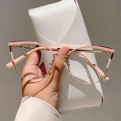 New Cat's Eye Plain High-end Anti-blue Glasses Metal Frame Business Office Configurable Power Flat Glasses - Khaki upper and lower gold frame pink legs