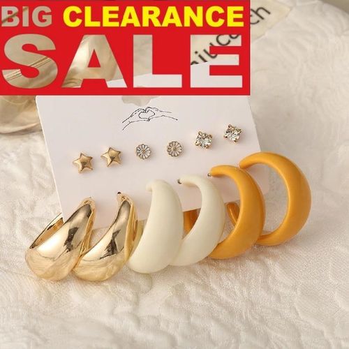 New Creative Simple Acrylic C-type Earring Set 6-pair Inlaid Rhinestone Pentagram Ear Studs Daisy Ear Studs European And American Retro Simple Wedding BirthdayMulti Colors