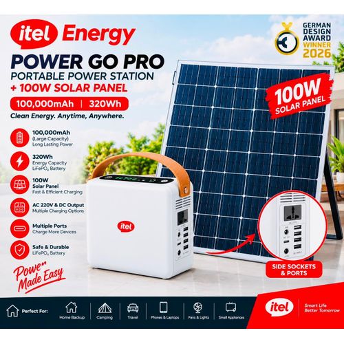 itel Energy Power Go Pro 100,000mAh 320Wh Portable Power Station + 100W Solar Panel Combo