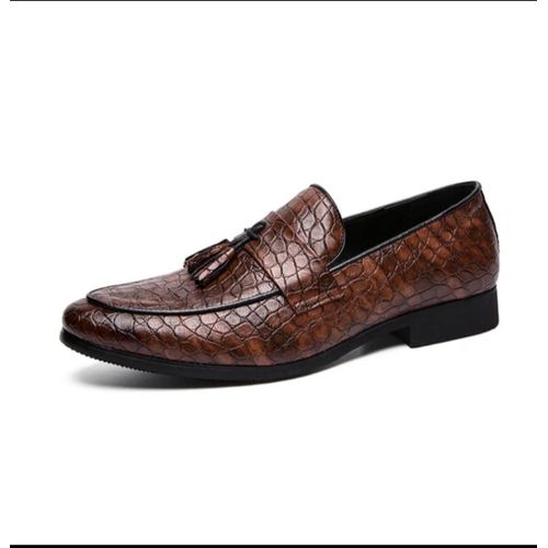 Men’s Brown Crocodile-Pattern Tassel Loafers – Luxury Slip-On Formal Shoes