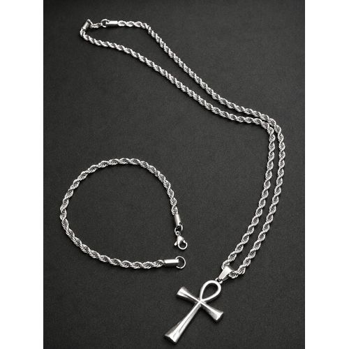 Silver Ankh Cross Pendant Necklace & Bracelet Set For Men & Women - Stainless Steel