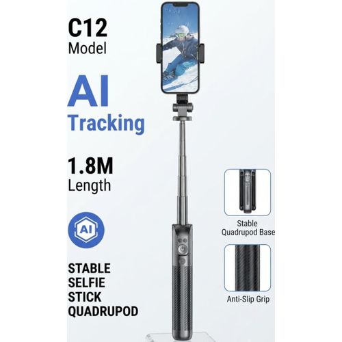C12 AI Tracking Selfie Stick Tripod, 1.8M Extendable Stable Selfie Stick Quadrupod with Smart Face Tracking, Handheld Gimbal Stabilizer Pole for Smartphone, Live Streaming, Content Creation, and Vlogging