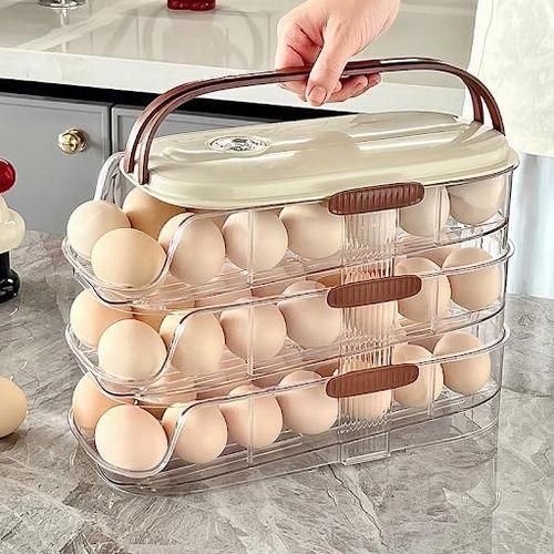 3 Tier Layer Stackable Automatic Rolling Egg Holder/ Dispenser Box & Refrigerator Storage Container Rack Tray - Beige/ Brown