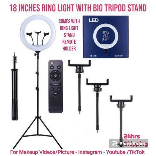 18 led ring light comes with tripod stand and a phone/camera holder. Remote control with batteries 3 phone holder It has a soft touch automatic filter button It comes with a charger as well. Easy to mount.
