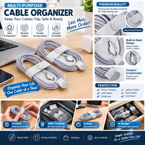 Multi-Purpose Leather Cable Organizer Straps – Tangle-Free Cord Holder with Secure Snap Closure & Built-in Metal Hook