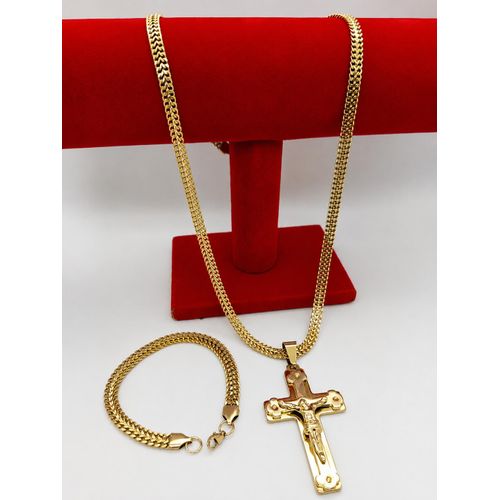 Gold Crucifix Cross Pendant Necklace & Bracelet Set - Religious Jewelry For Men