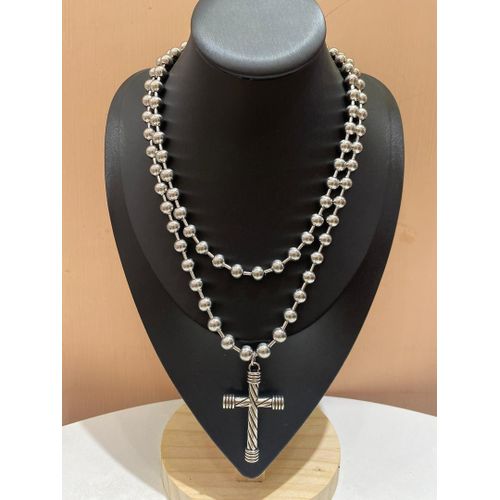 Double-Layer Silver-Tone Ball Chain Necklace with Twisted Cable Cross Pendant - UNISEX