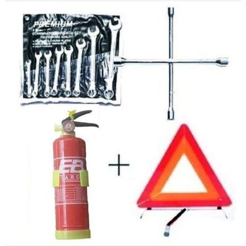 Automobile Car Safety Fire Extinguisher + Wheel Spanner + 8 Pcs Flat & Ring Spanner + C-Caution Sign - Roadside Emergency Kit