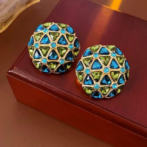 Gold-Plated Statement Stud Earrings with Blue & Green Crystals - Sparkly Geometric Design Earrings for Women