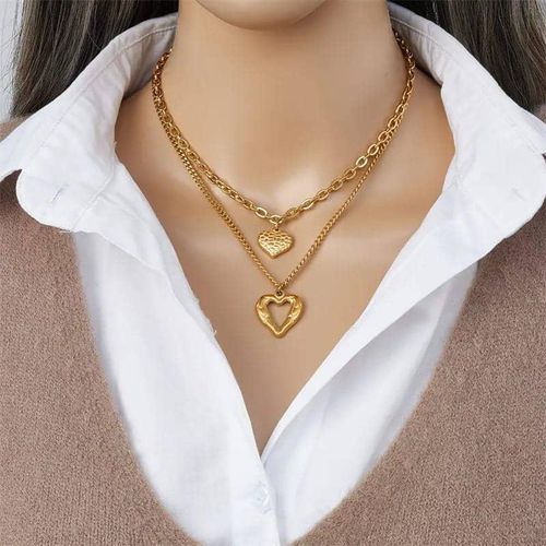 2-Piece Gold Layered Heart Necklace Set - Textured Pendant & Open Heart Charm