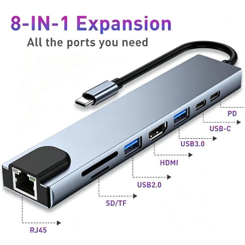 8 In 1 USB C Hub Multiport Adapter Type C Docking Station With RJ45 Ethernet 4K HDMI USB 3.0 SD TF Card Reader 100W PD Charging For Laptop Tablet Phone