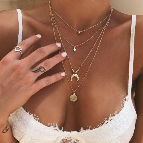 Enacolor Women Multi Layer Long Moon Pendant Necklace Crescent Chain Jewelry Choker