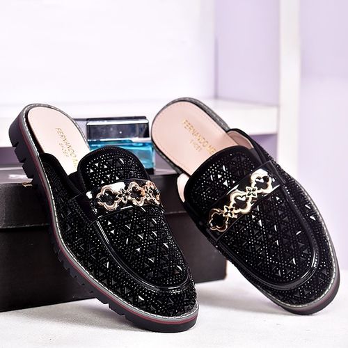 MEN DESIGNERS LUXURY STONED HALF SHOE BLACK