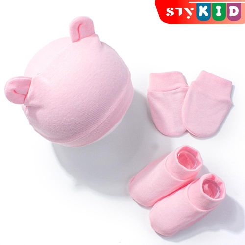 kids Hat Gloves & Slipper Socks Set Bear Ear Turban Pink Child Anti-grabbing Gloves 3-Pack (0-3 Yrs)