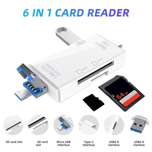 6-in-1 Multi-Interface Card Reader – Universal for Android MicroUSB/Type-C/USB, Fast Transfer, Portable SD/TF Plug & Play