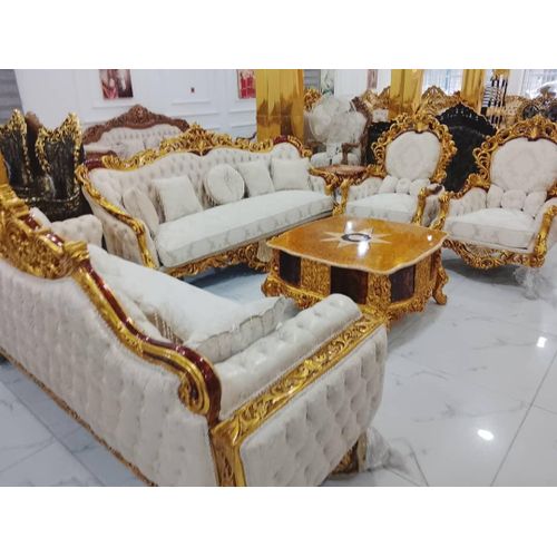 Unique 7-Seater Royal Palace Sofa Set - Original Turkish Luxury Gold Sofa - 3+3+1+1 + Center Table + 2 Side Stools - White & Gold Living Room Set