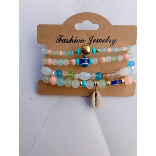 4-in-1 Pastel Beaded Bracelet Set with Shell Charm for Women