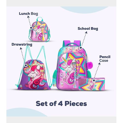 Set of 4 Unicorn School Bag, Lunch Bag, Activity Bag and Pencil Case, 18 Inch
