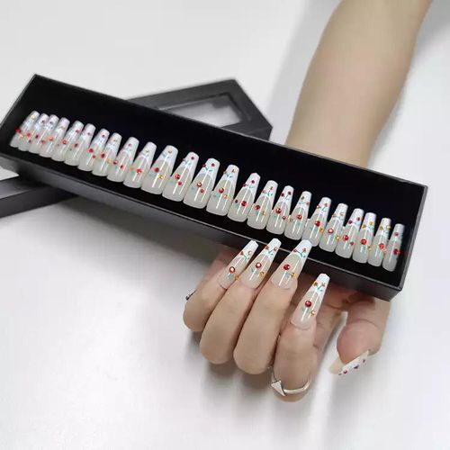 24pcs/Box Cherry Crystal Stone French Tips Long Coffin Press On Nails