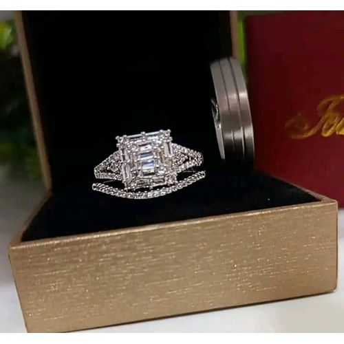 Silver Emerald Trio Bridal Set with Curved Band - Non Fading