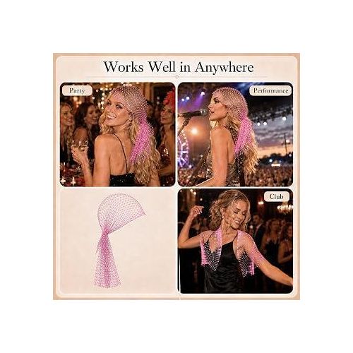 Rhinestone Mesh Scarf Sparkly Wide Head Scarfs Crystals - Pink