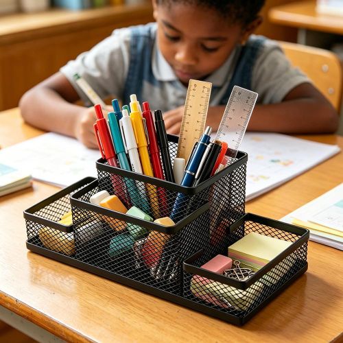 4-Compartment Metal Mesh Desk Organizer, Multi-Functional Pen Holder for Office & School Supplies