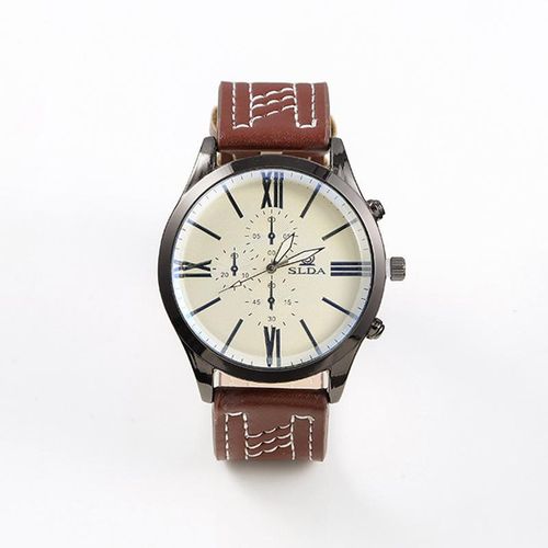 Men's Beige Dial Quartz Chronograph Wristwatch, Brown Leather Strap Business Casual Watch