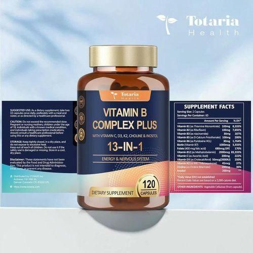 Totaria Vitamin B Complex Plus 13-in-1 Capsules – Multivitamin Energy & Nervous System Support – 120 Capsules